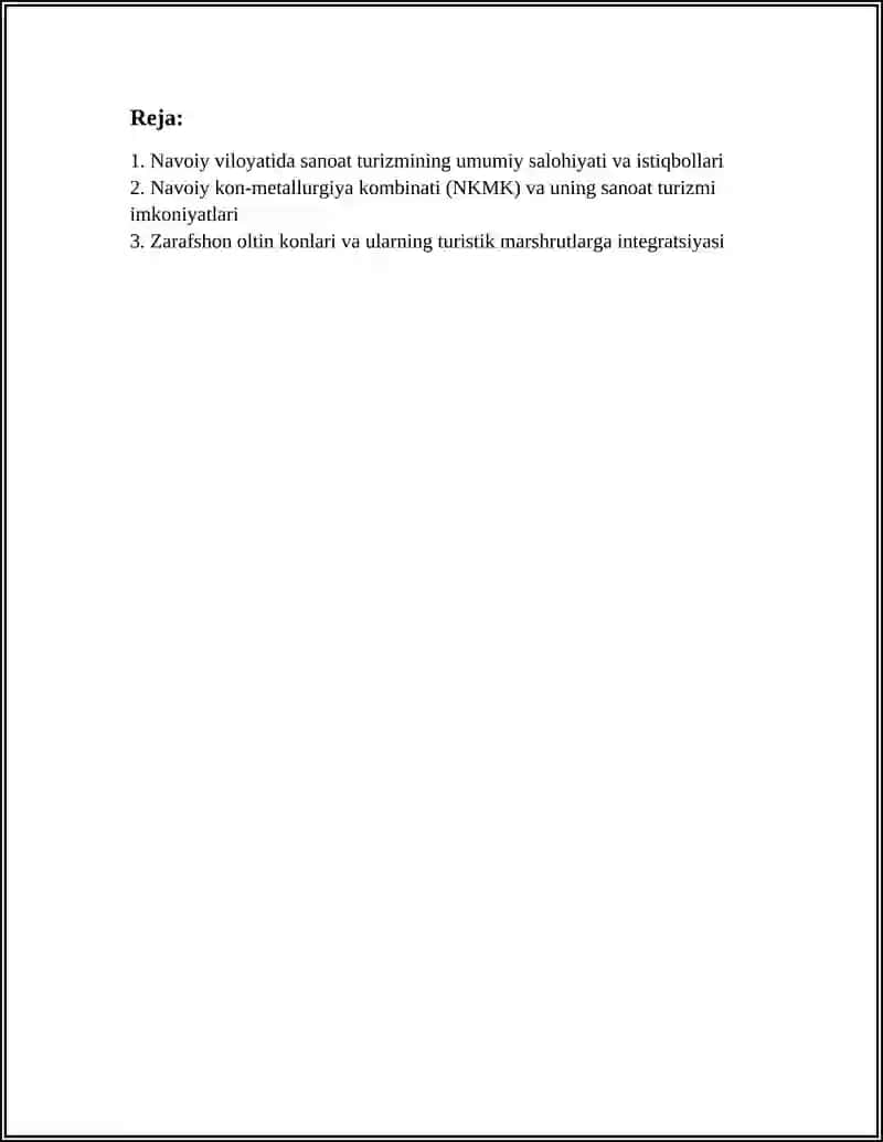NAVOIY VILOYATI SANOAT TURIZMI IMKONIYATLARI REFERAT 2