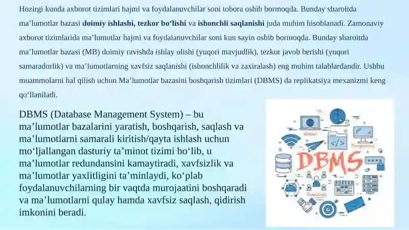 DBMSda replikatsiya: maqsadi, turlari va topologiyalari. 2