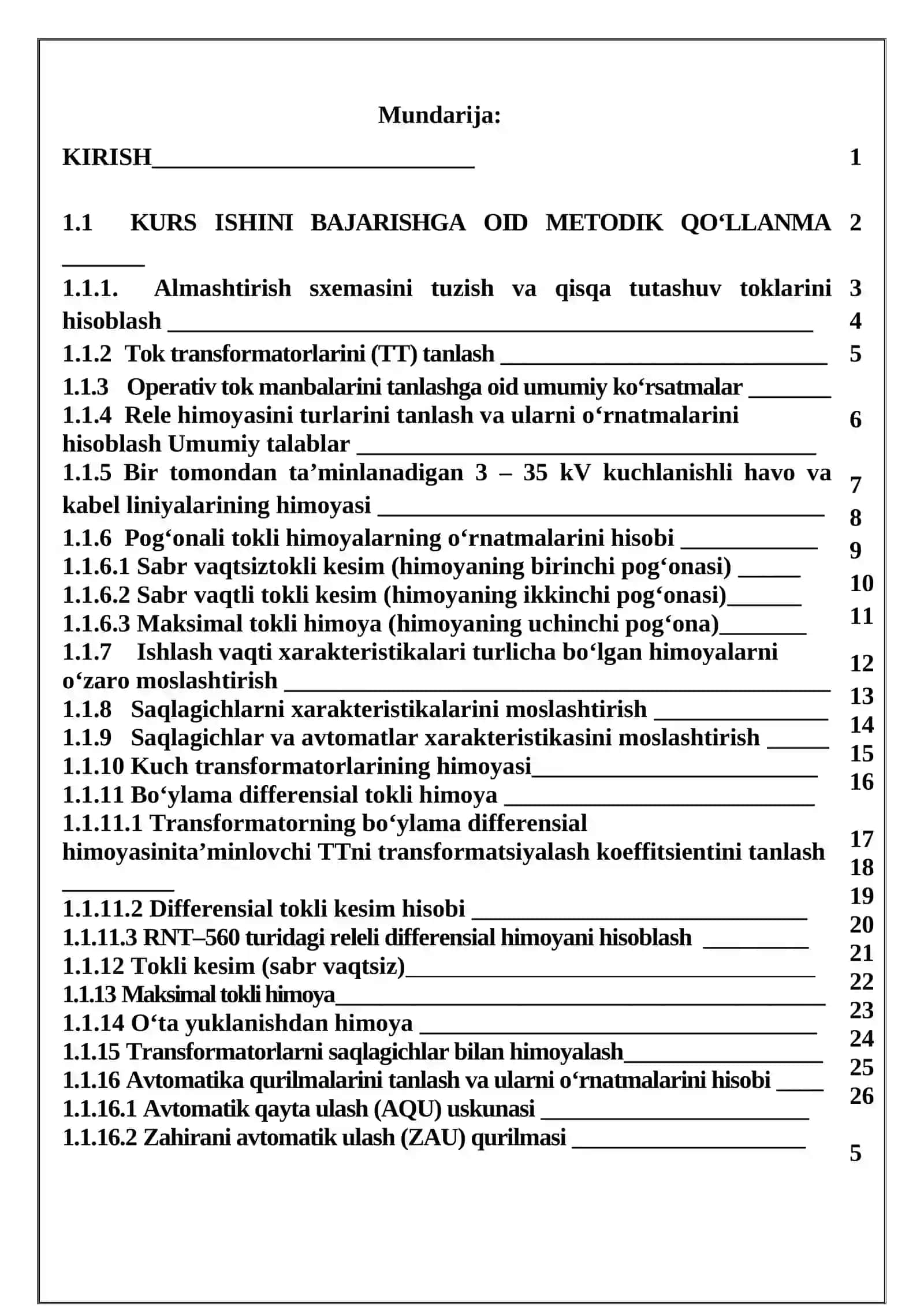 Kon korhonalari elektr tarmoq himoyasi ,rele himoyasi kurs ishi 2