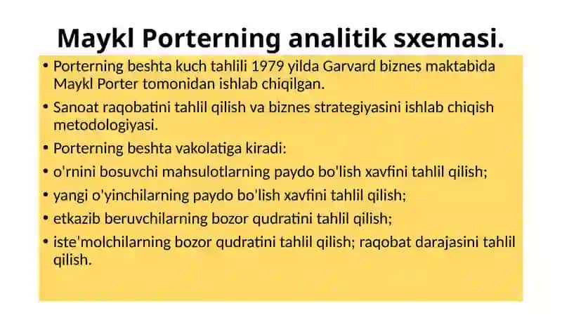 Porterning analitik sxemasi va SWOT tahlili. Tovarlarni ilgari surish: tarmoqlar va tarqatish kanallari. 2