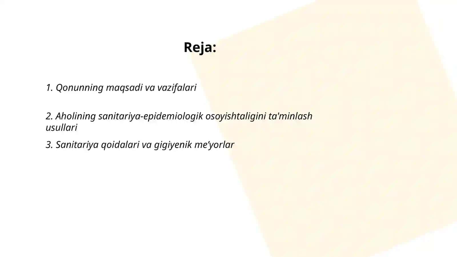 O'zbekiston Respublikasining "Aholining sanitariya epidemiologik osoyishtaligi to'g'risida"gi qonuni 2