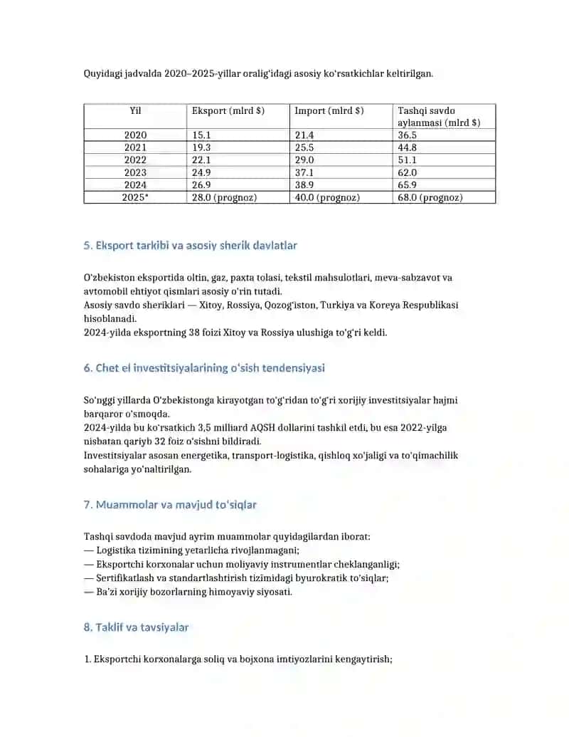 O‘zbekiston Respublikasida tashqi savdo siyosatining iqtisodiy o‘sishdagi roli (2020–2025-yillar tahlili asosida) 2