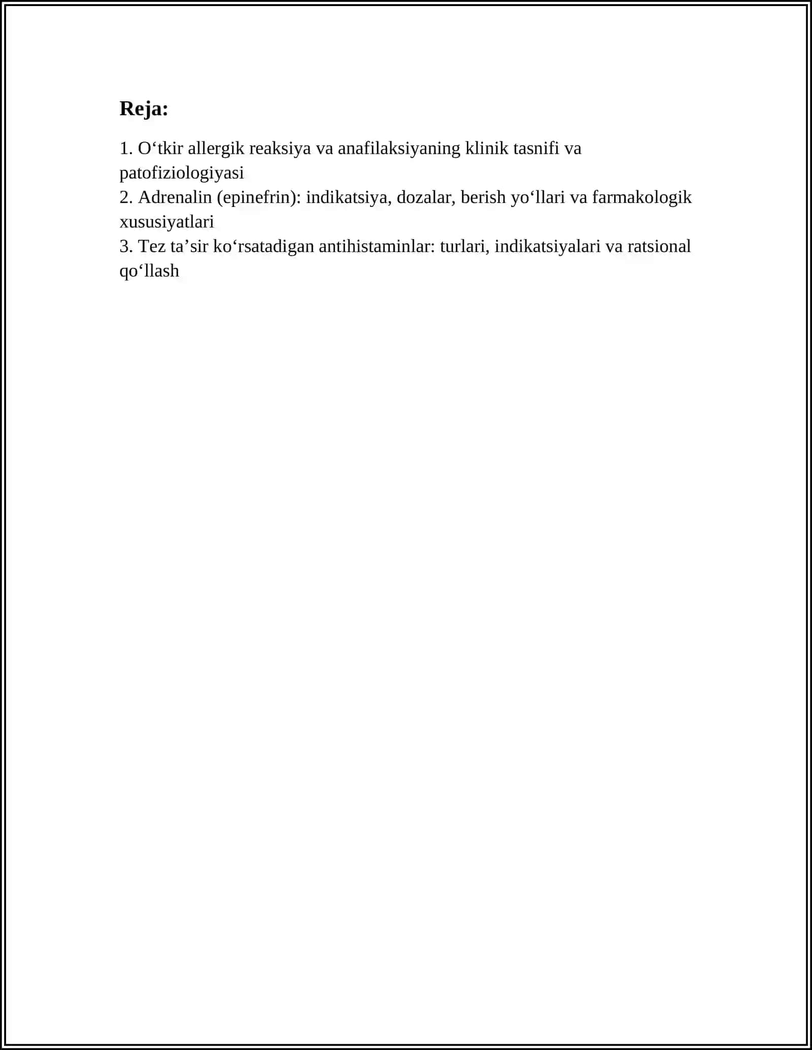 O'TKIR ALERGIYA HOLATLARIDA DORI VOSITALARINI RATSIONAL QOLASHGA KLINIK. FARMAKOLOGIK YONDASHUV 2