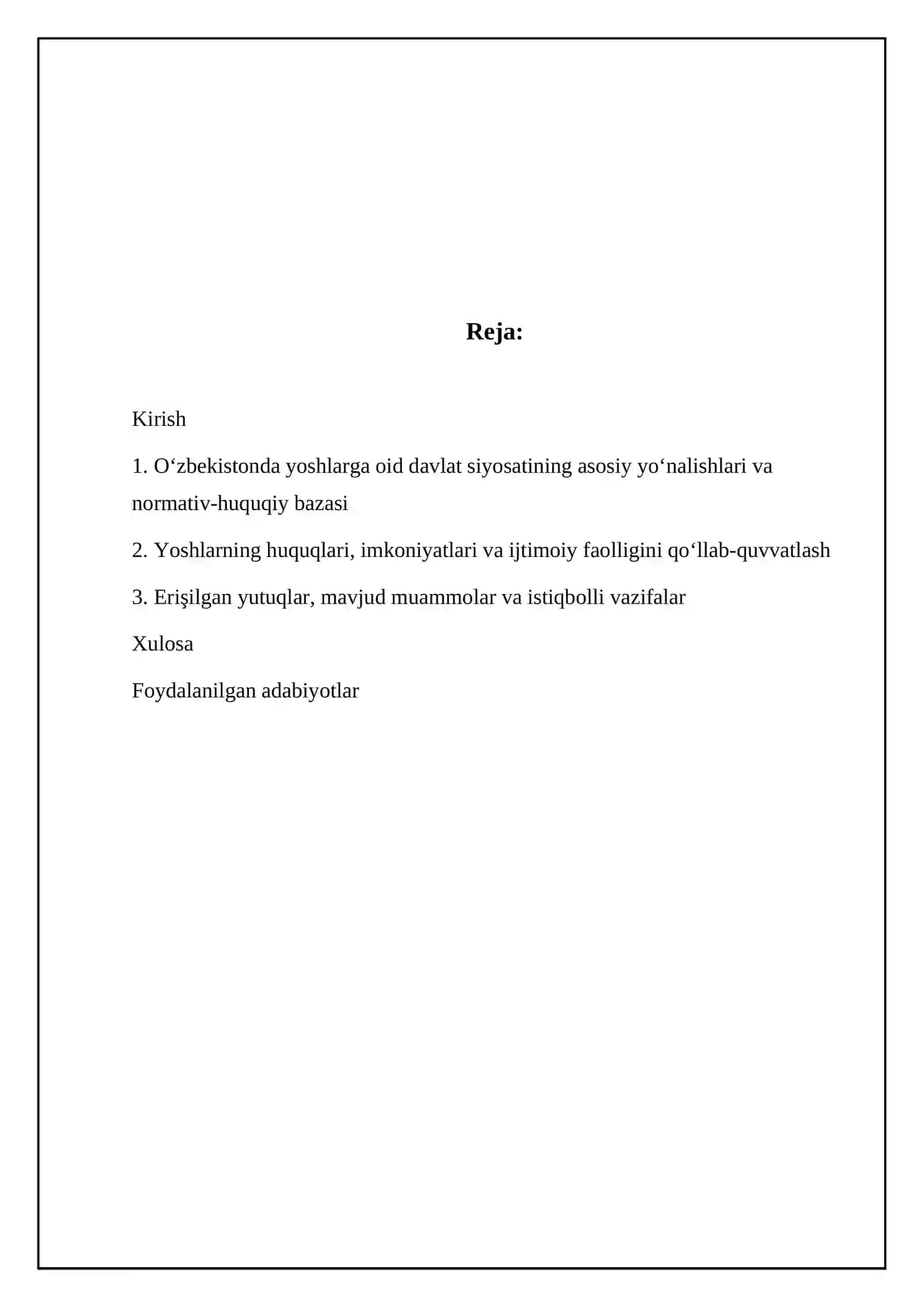 "O'zbekistonning yoshlarga oid davlat siyosati" mavzusida referat 2