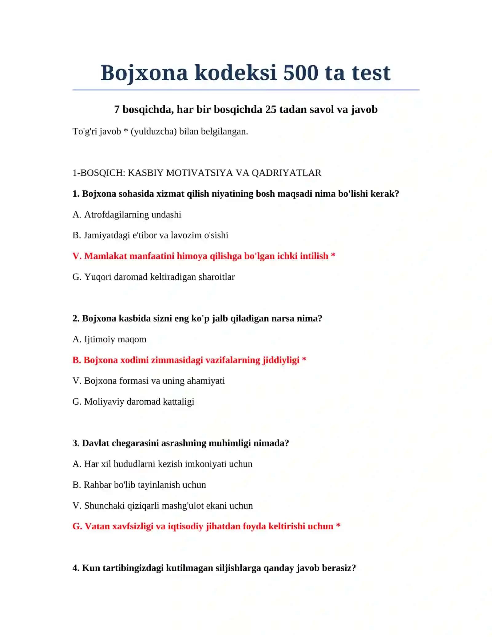 Bojxona Kodeksi 500 ta test 2