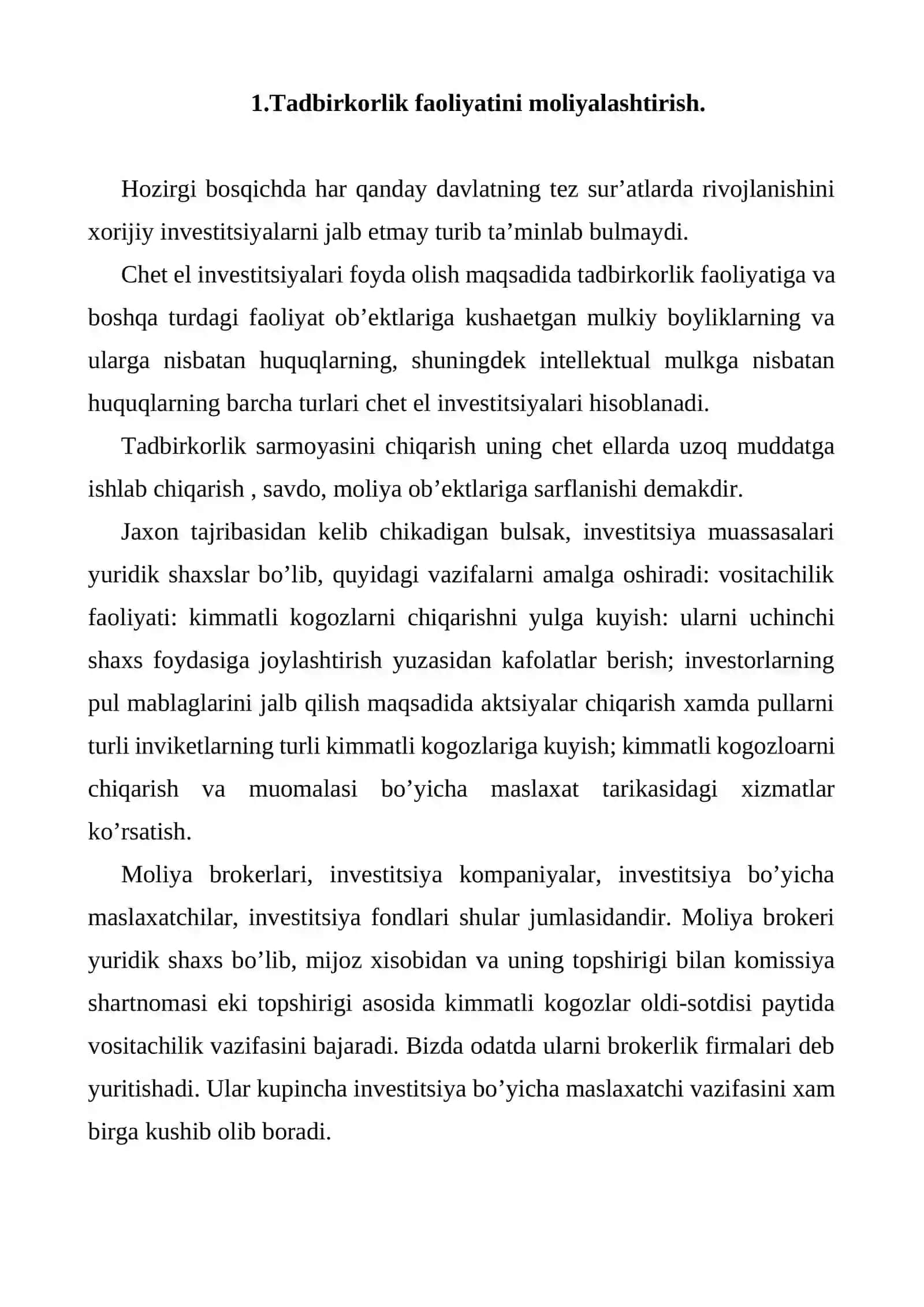 Mamlakatimizda tadbirkorlikni investitsiyalashning ustivor yo’nalishlari 2