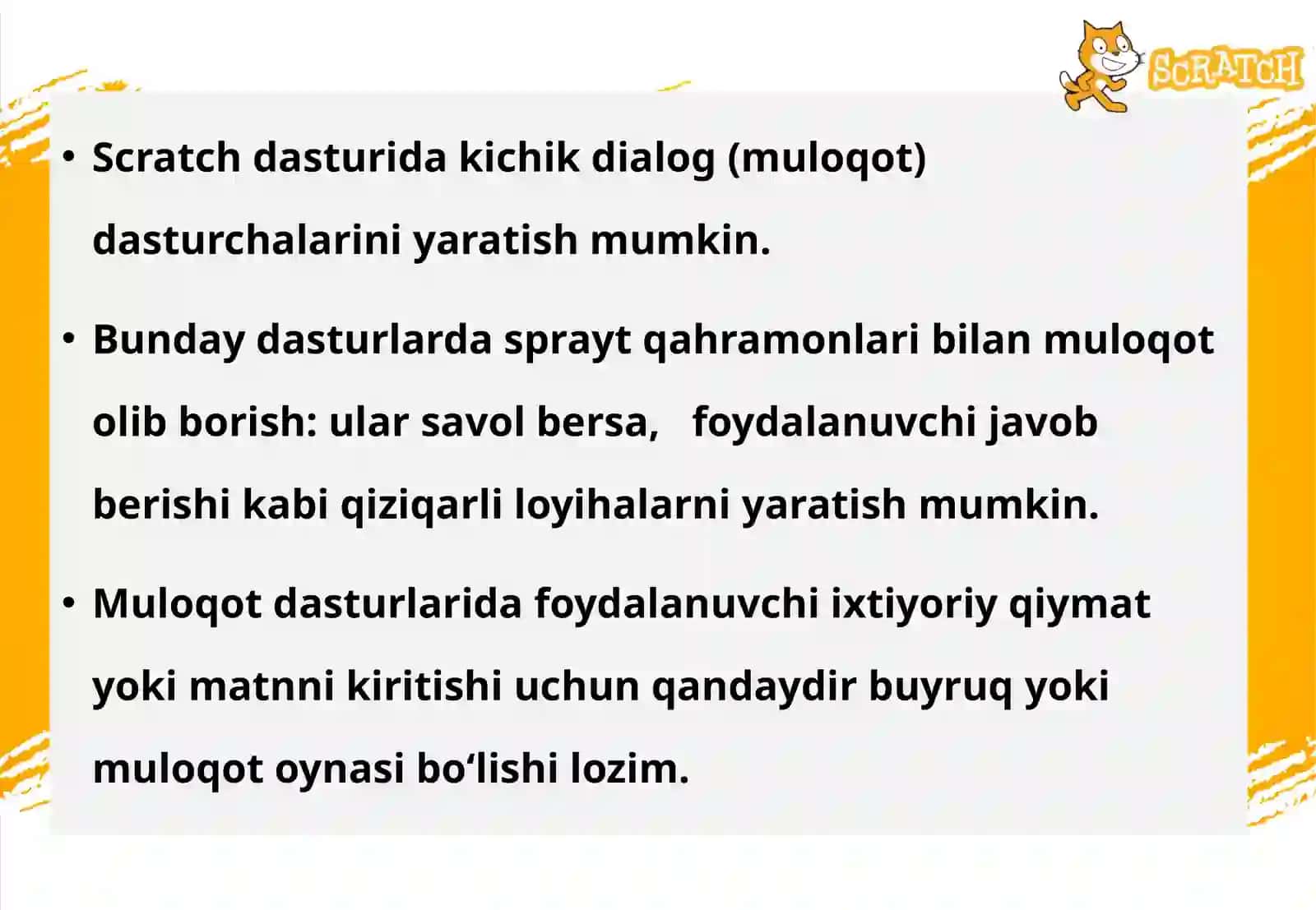 Scratch dasturiga asosiy ko'rsatmalar aks wait (so'raladigan va kutish) buyruqlari 2