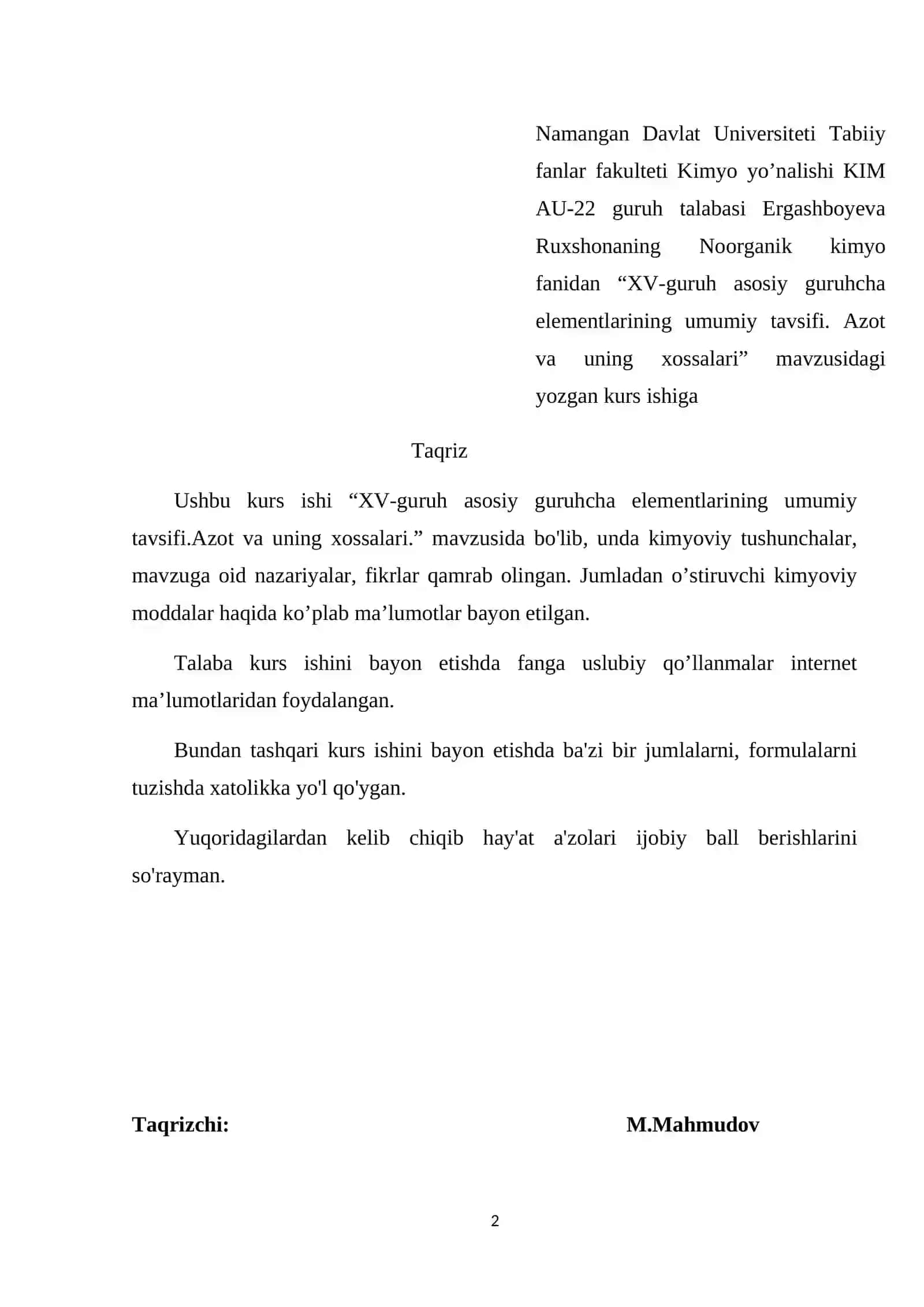 XV-guruh asosiy guruhcha elementlarining umumiy tavsifi. Azot va uning xossalari 2