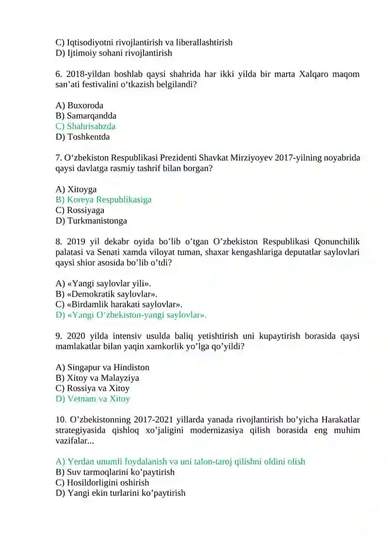 Yangi O‘zbekistonda amalga oshirilayotgan islohotlar. Test savollari. 2