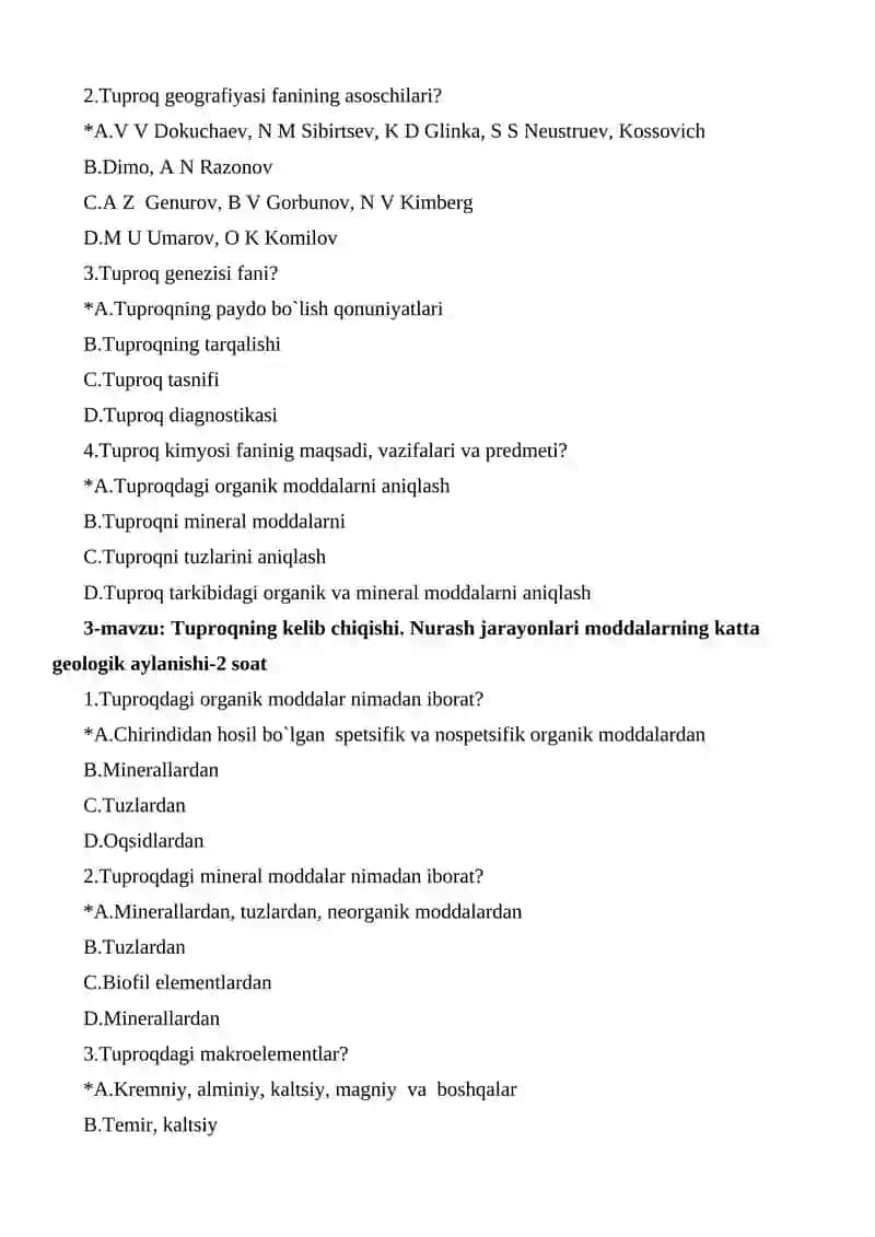 Tuproqshunoslik fanidan test 2