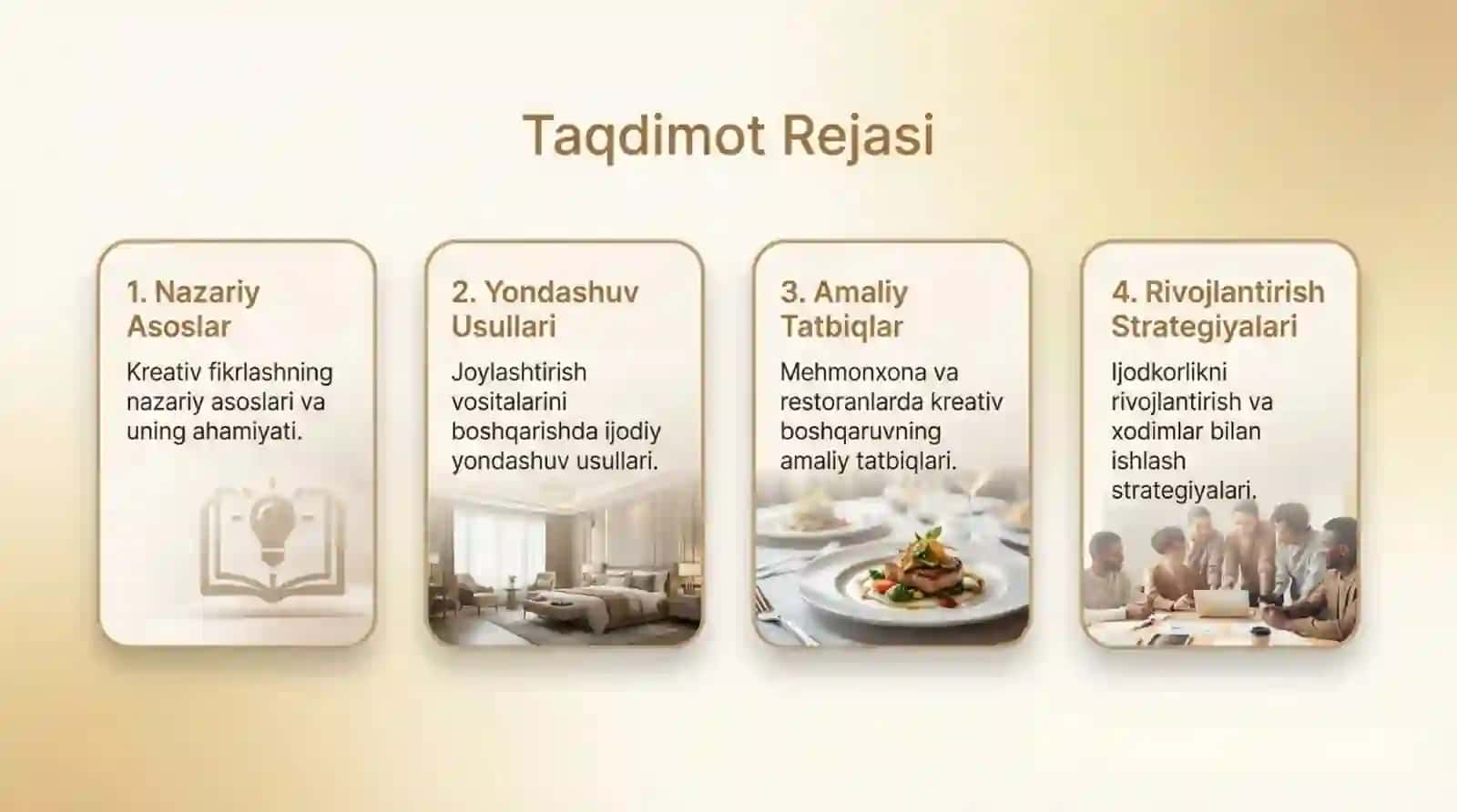 Mehmonxona va restoranlarda joylashtirish vositalarini boshqarishda kreativ fikrlash va ijodkorlik 2