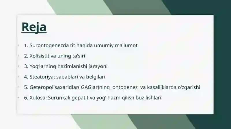 Surunkali gepatitzgarishi.stitlarda  yog‘larning hazimlanishini buzilishi ( steatoriya), yog‘ kislotalarini  va   oksidlanishi , ahamiyati, buzilishlari 2