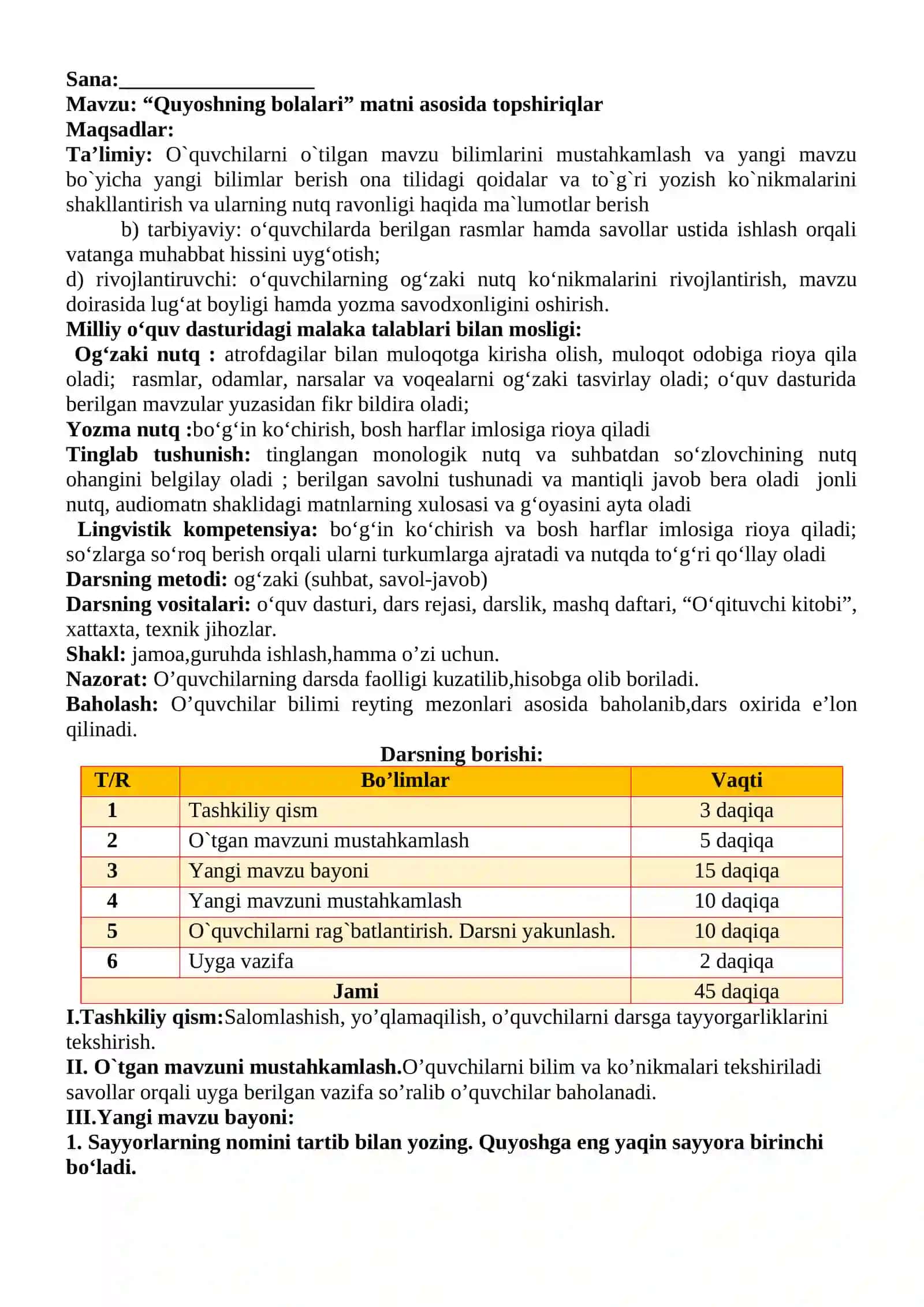 3-sinf Ona tili va o'qish savodxonligi fanidan Quyoshning bolalari matni asosida topshiriqlar 2