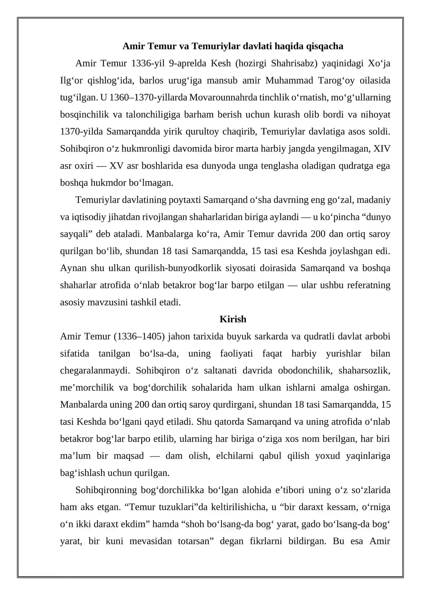 Amir Temur bunyod etgan bog’lar mavzusida referat yozish 2