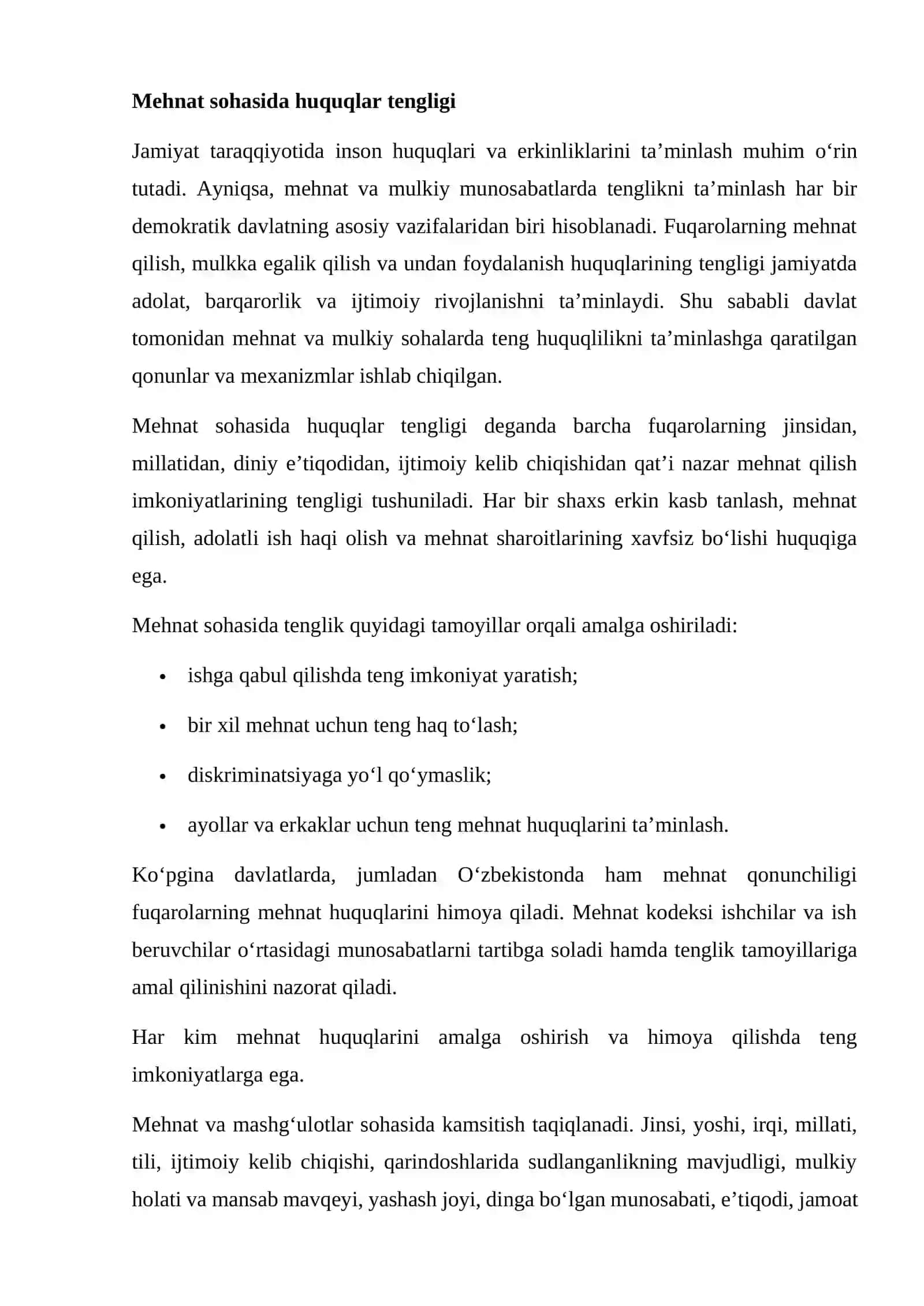 Mehnat va mulkiy sohalarda huquqlar tenglikni va uni ta’minlash 2