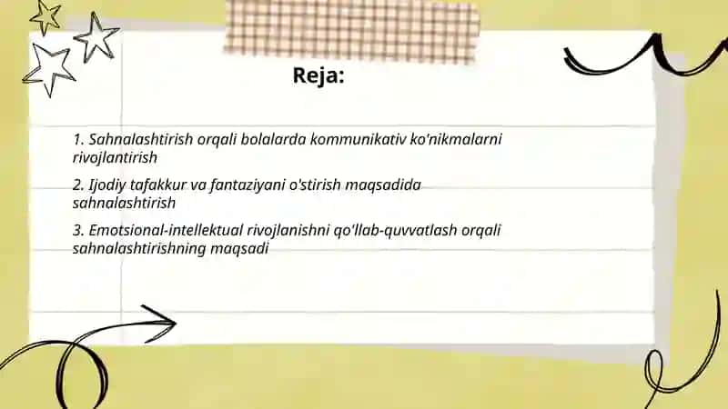 Maktabgacha ta'lim tashkilotida sahnalashtirish faoliyatining asosiy maqsadi 2