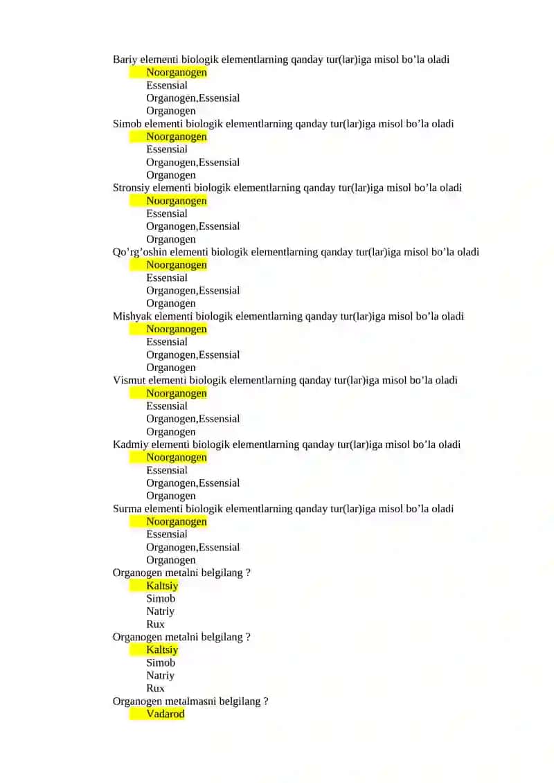 Marganets elementi biologik elementlarning qanday tur(lar)iga misol bo’la oladi? 2