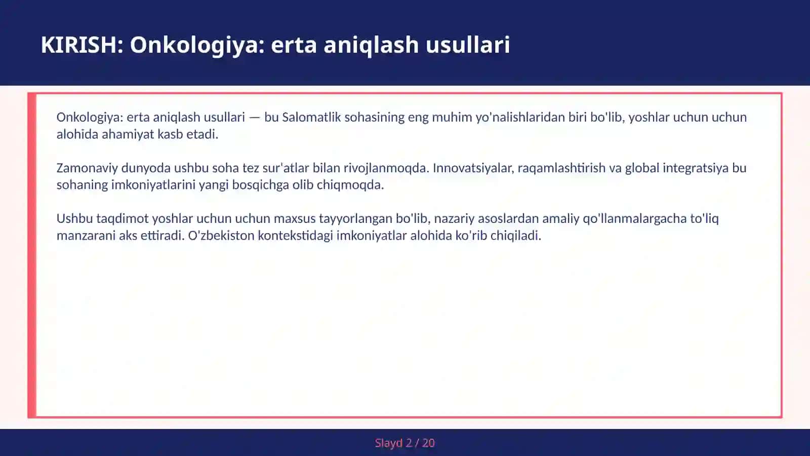 Onkologiya: ERTA ANIQLASH USULLARI 2