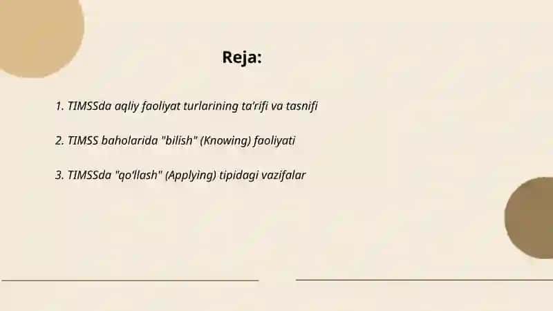 TIMSS xalqaro baholash dasturida aqliy faoliyat turlari 2