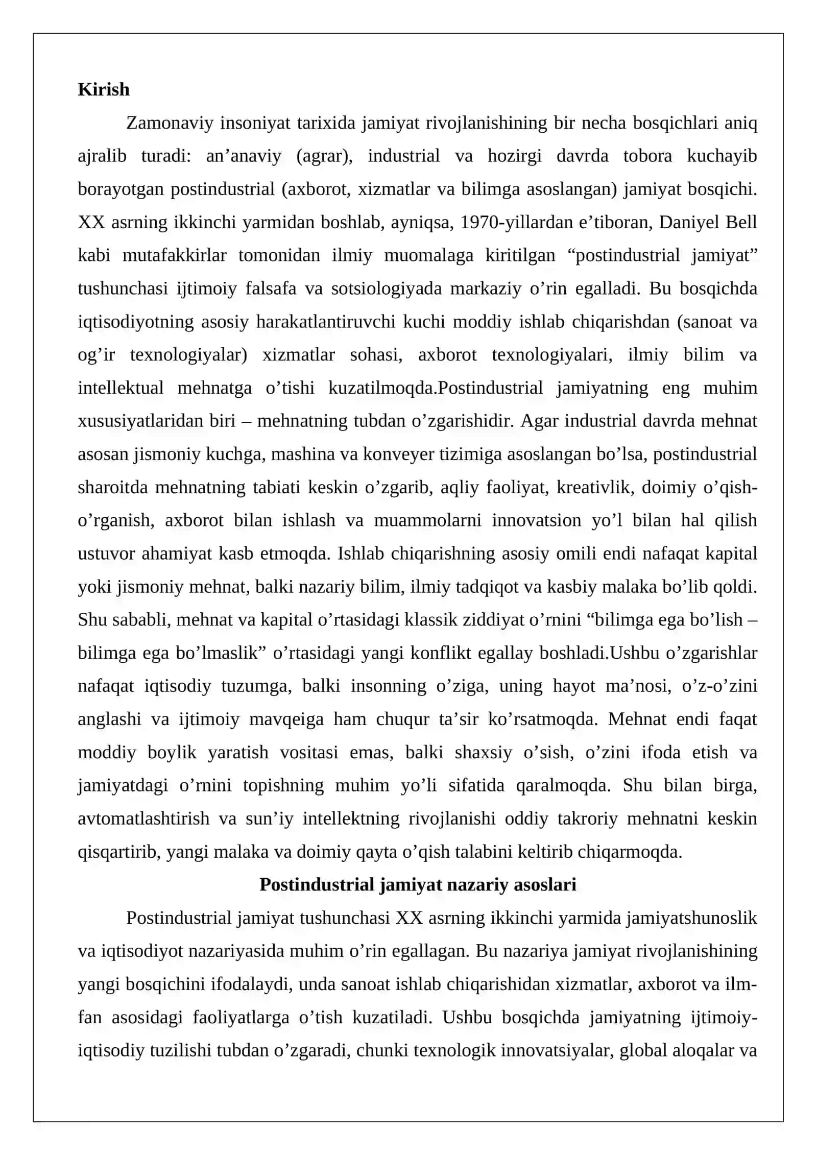 Postindustrial jamiyatda mehnatning o’zgarishi 2