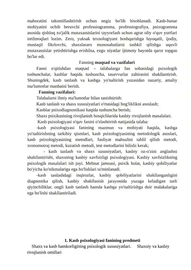 Kasbiy psixologiyasi fanining predmeti 2