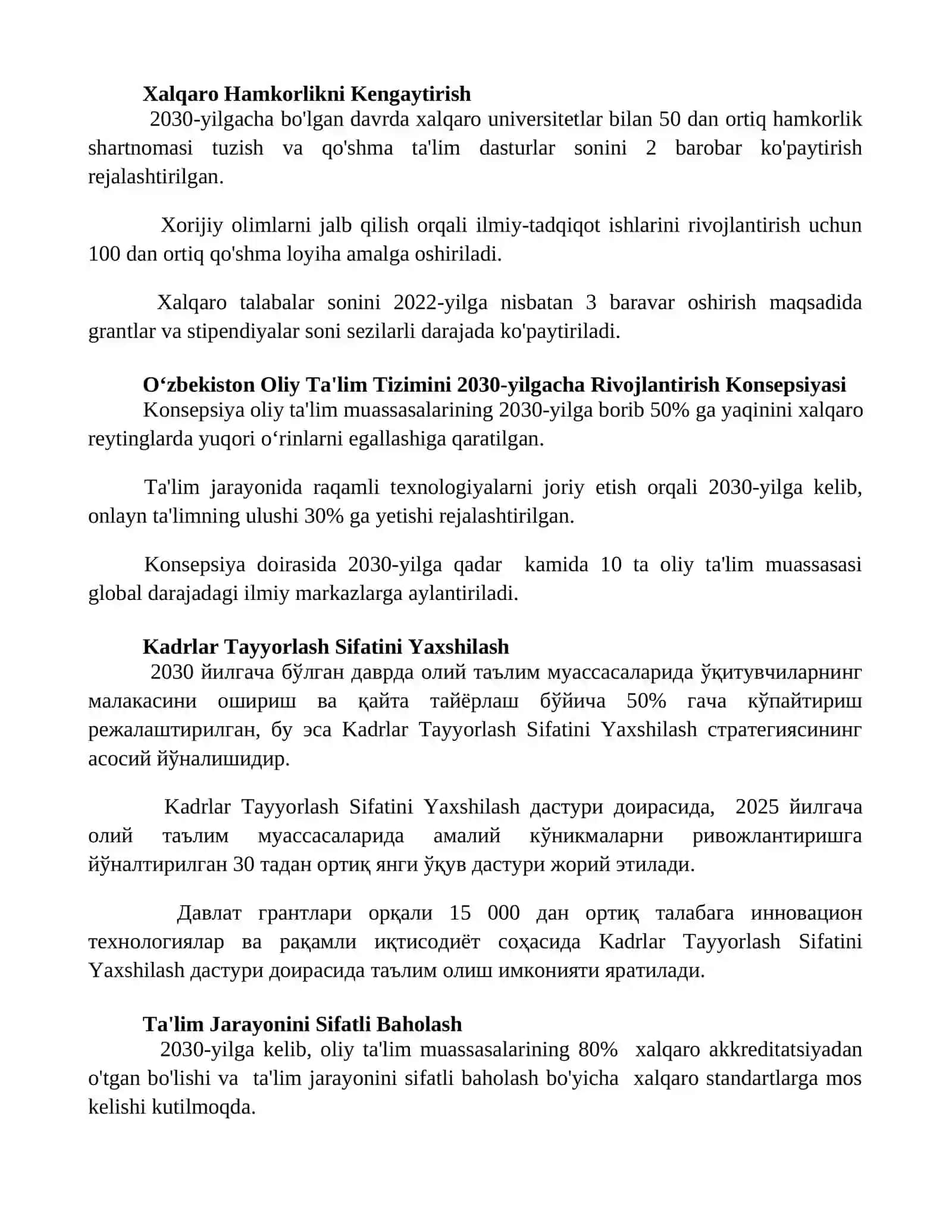 O'zbekiston Respublikasi oliy ta'lim tizimini 2030 yilgacha rivojlantirish konsepsiyasi 2