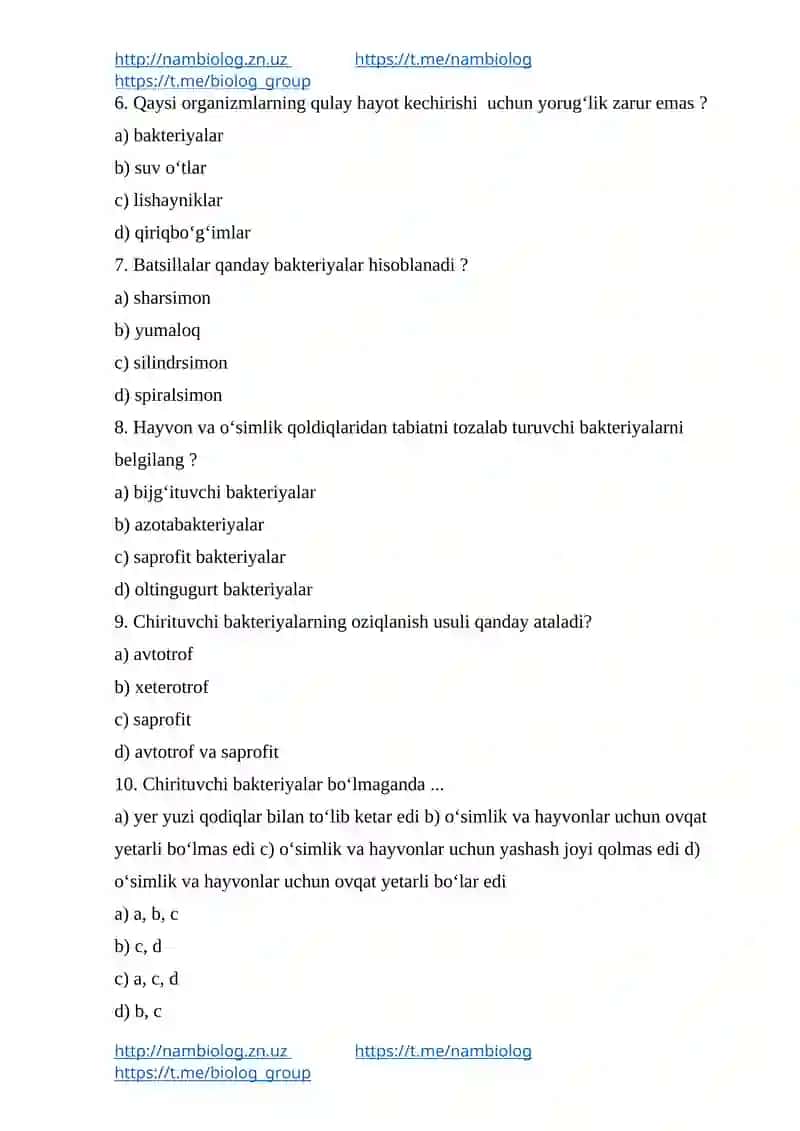Biologiya test savollar to'plami 2