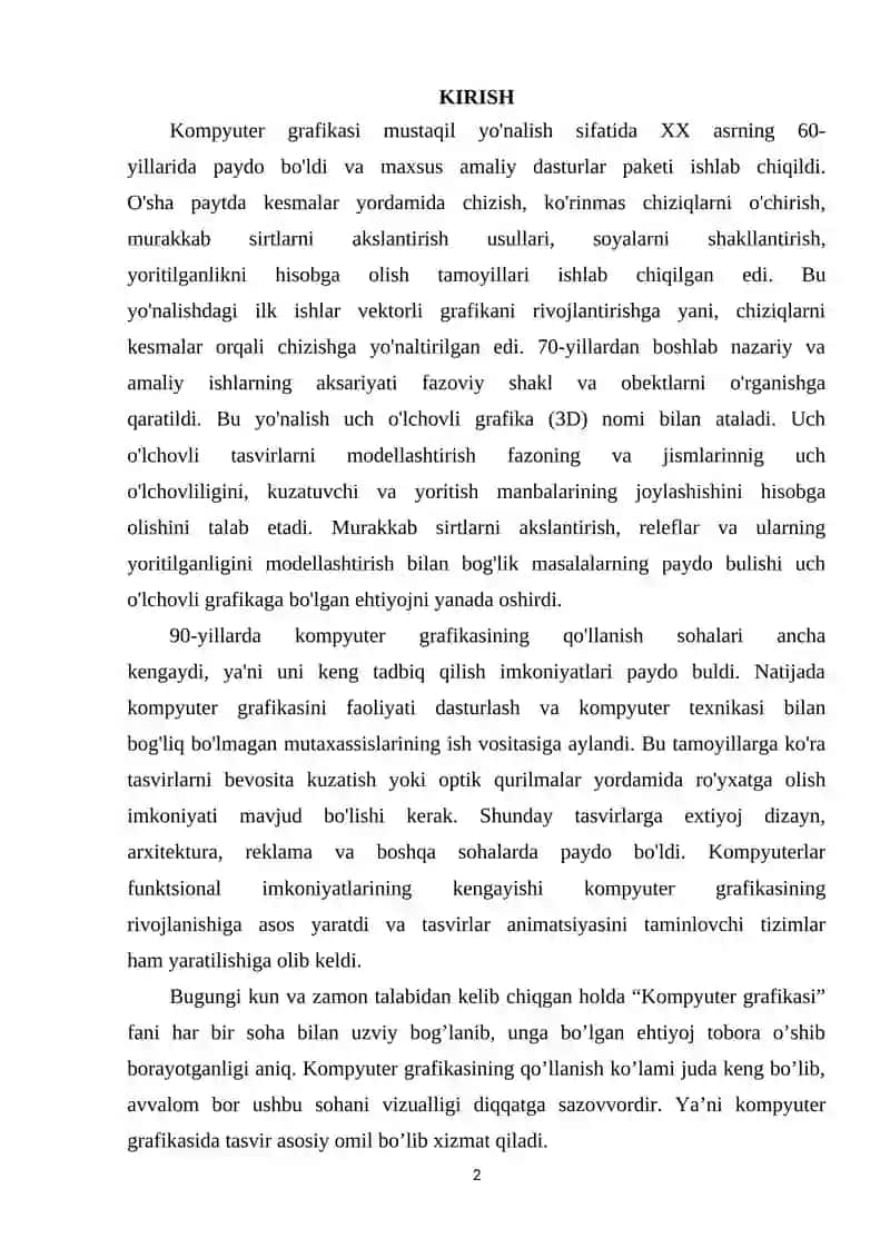 КOMPYUTER GRAFIKASI. 2 VA 3 O’LCHOVLI GRAFIKASINING AXAMIYATI 2