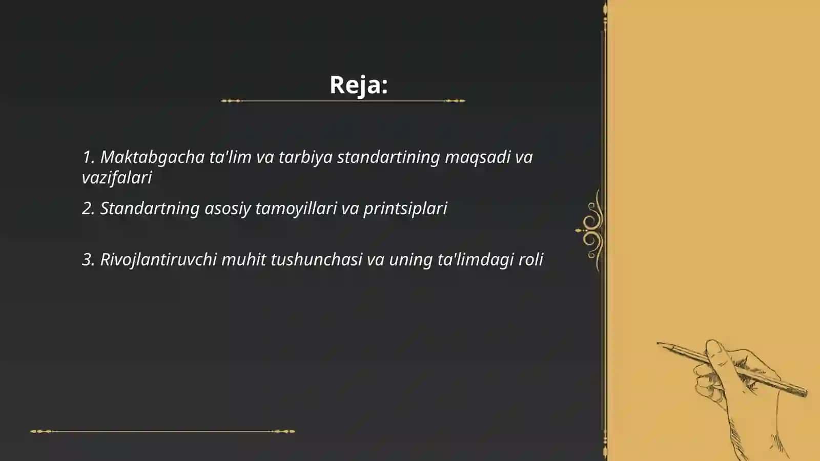 Maktabgacha ta'lim va tarbiya standarti va undagi rivojlantiruvchi muhitni tashkil etishga qo'yiladigan talablar bo'yicha taqdimot yaratish 2