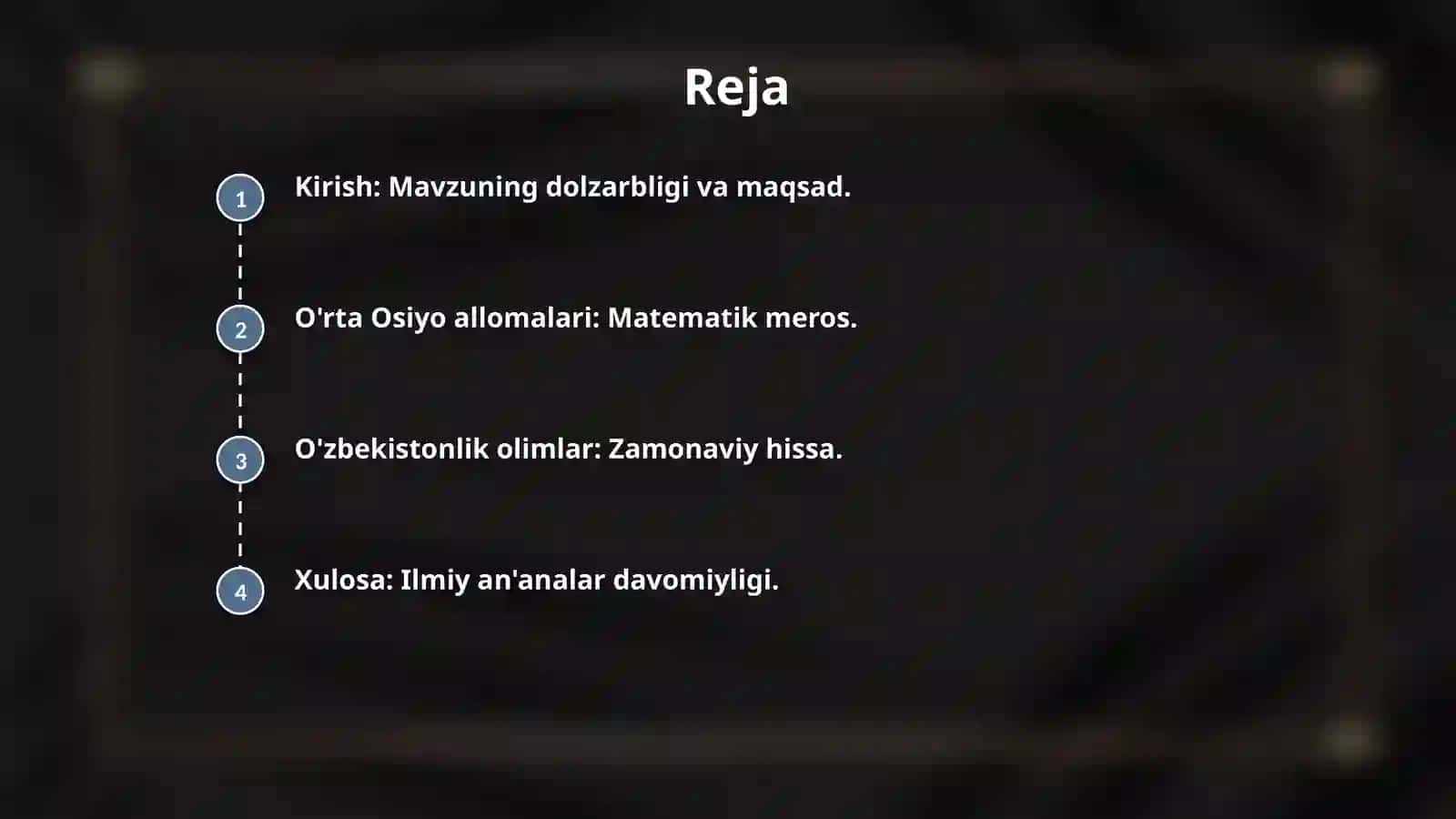 Orta osiyoning buyuk allomalari va Ozbekiston matematik olimlarining matematika rivojiga qoshgan hissasi. 2