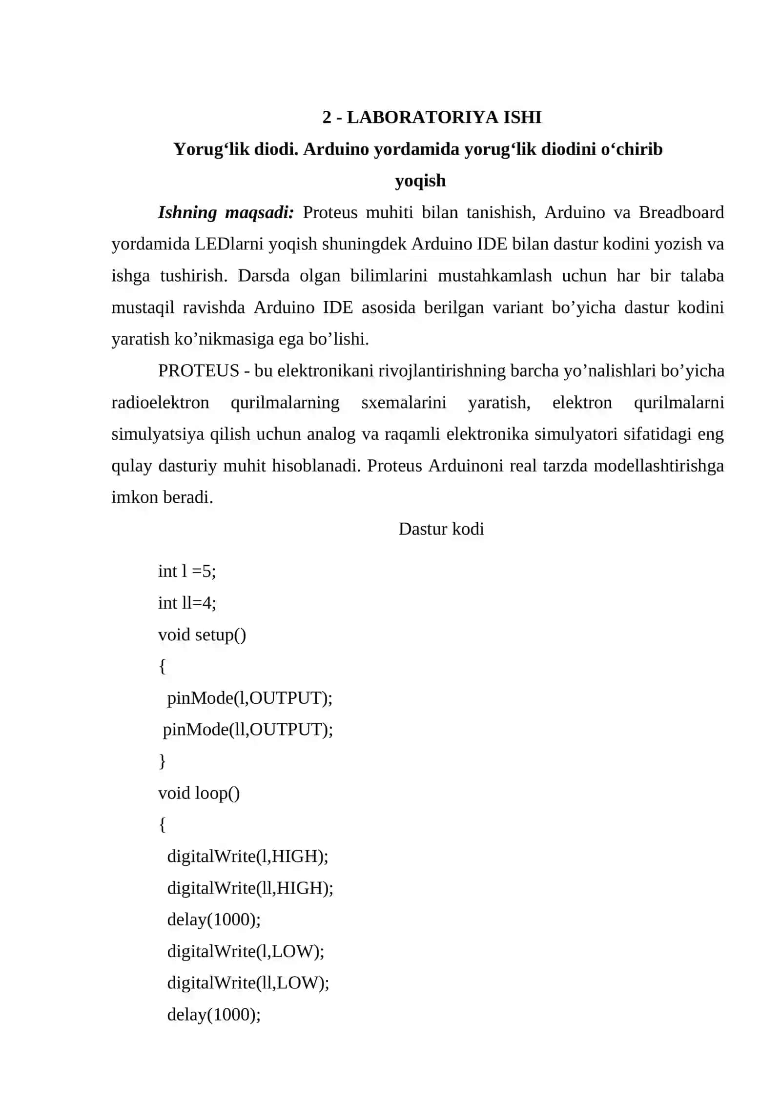 Yorug‘lik diodi. Arduino yordamida yorug‘lik diodini o‘chirib yoqish 2