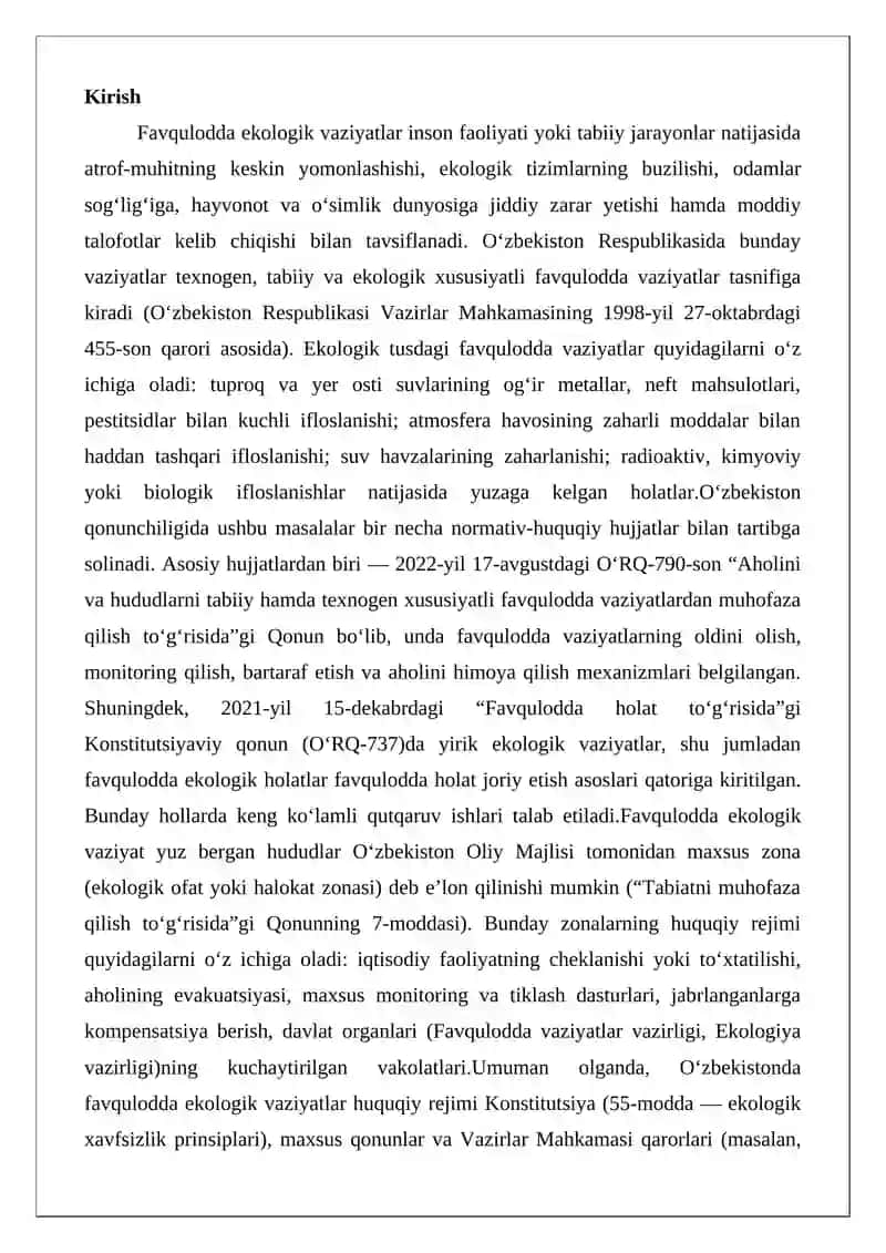 Favqulodda ekologik vaziyatlar va hududlarning huquqiy rejimi 2