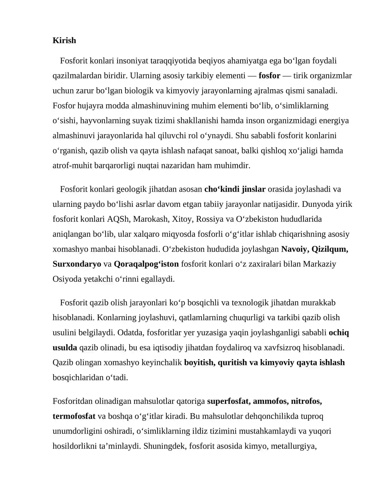 Fosforit konlarini qazib olish va fosforitdan olinadigan mahsulotlar 2
