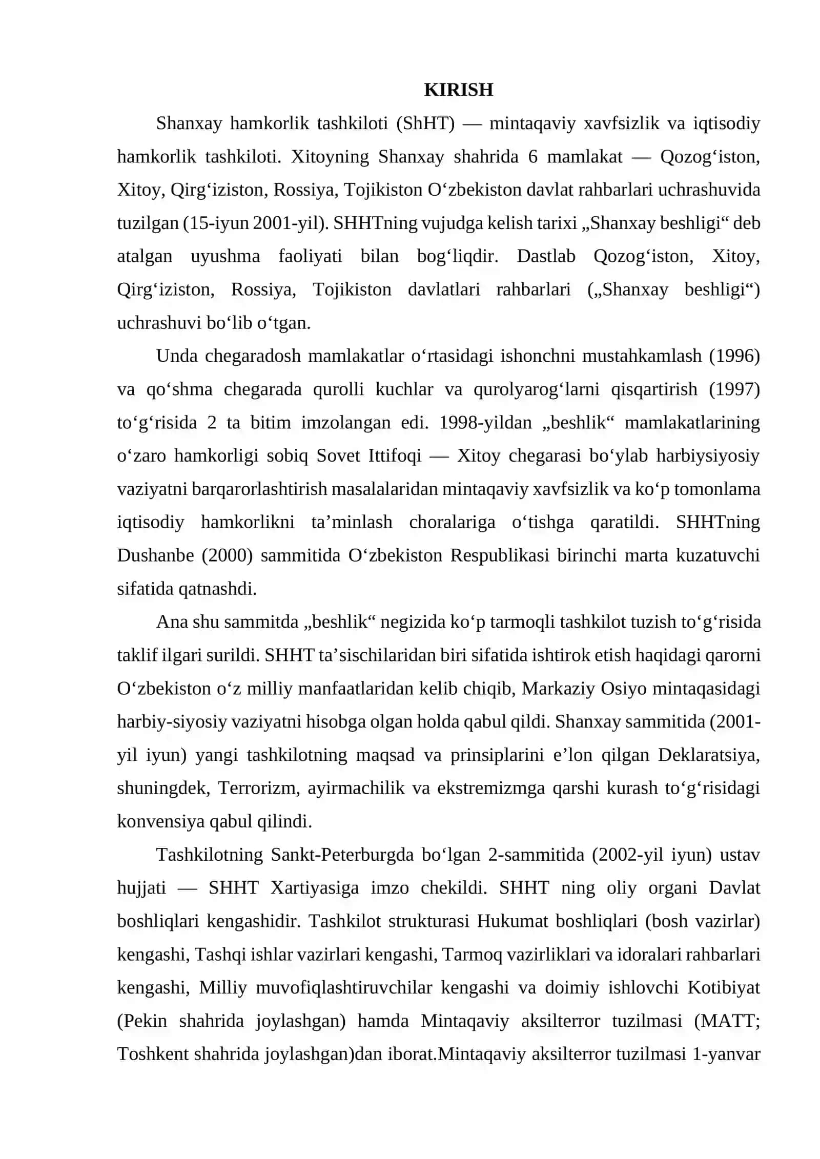 OʻZBEKISTONNI SHANHAY XAMKORLIK TASHKILOTI DAVLATLARI BILAN ALOQALARI 2