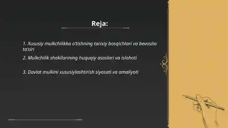Iqtisodiy islohotlar xususiy mulkchilikning shakllanishi va o’zbekistonda bozor munosabatlarini rivojlanishi 2