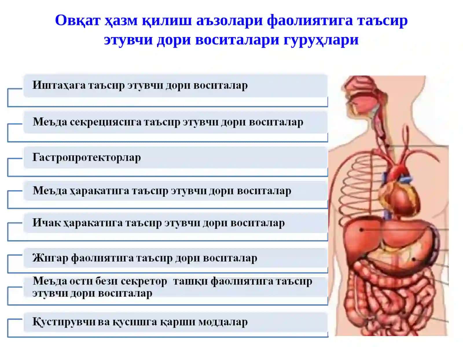 ОВҚАТ ҲАЗМ ҚИЛИШ АЪЗОЛАРИ ФАОЛИЯТИГА ТАЪСИР ЭТУВЧИ ДОРИ ВОСИТАЛАРИ 2