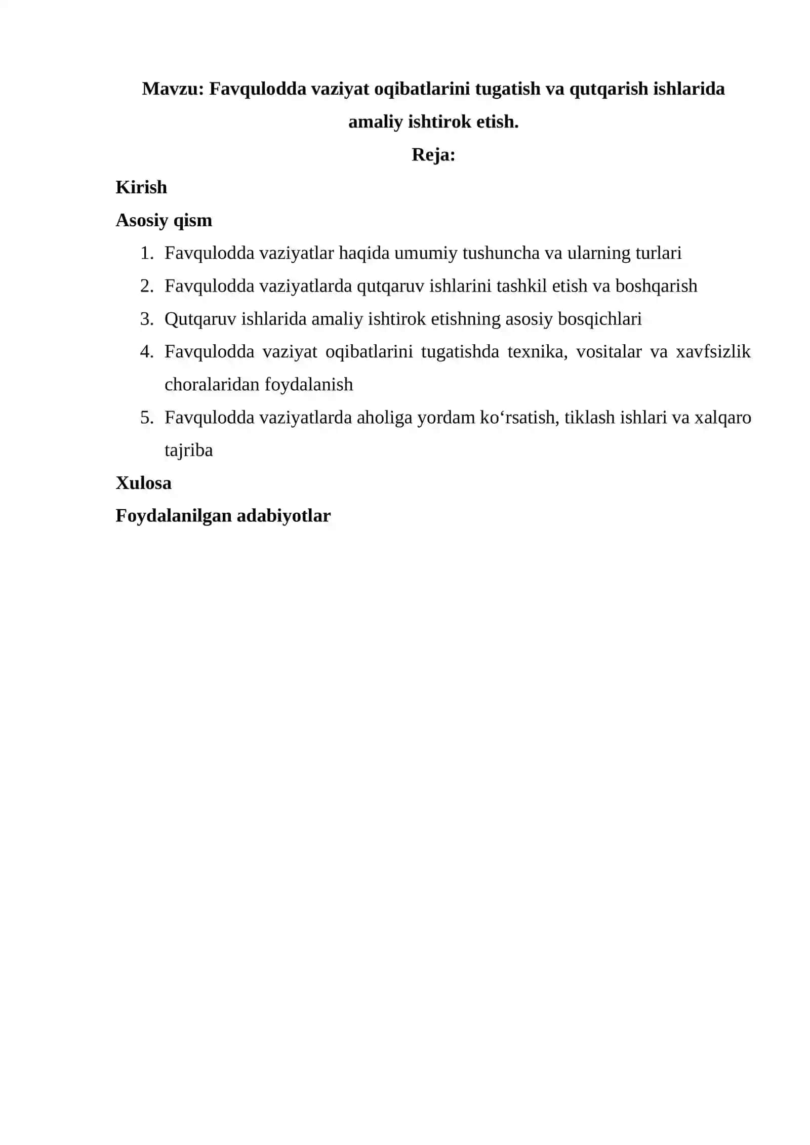 Favqulodda vaziyat oqibatlarini tugatish va qutqarish ishlarida amaliy ishtirok etish. 2
