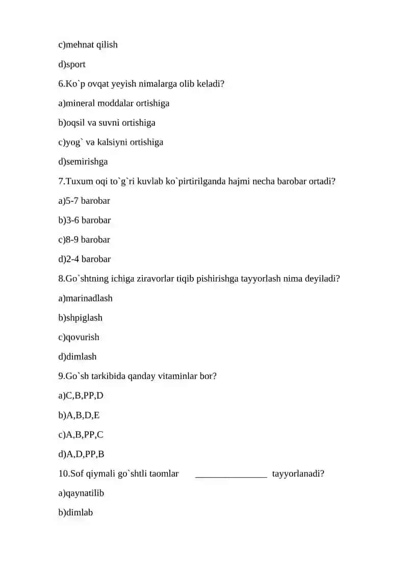Oshpazlik taomlari tayyorlash fanidan test savollari 2