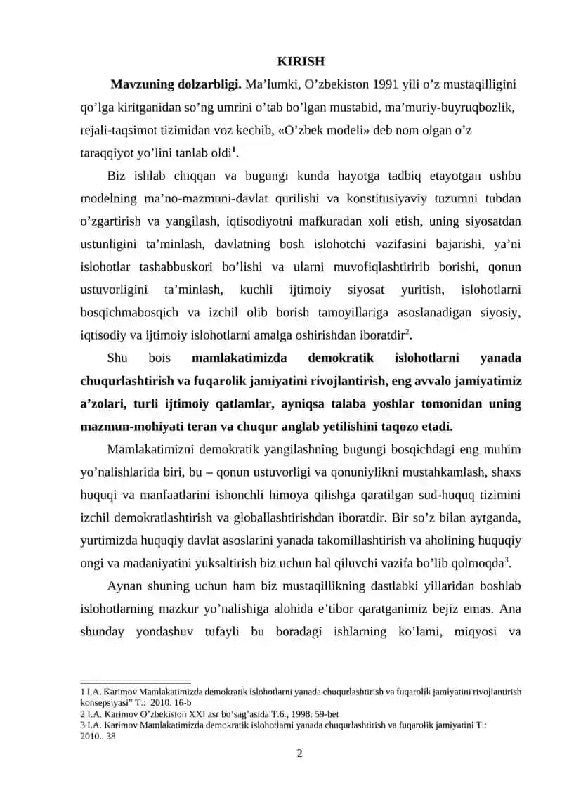 O'ZBEKISTONDA DEMOKTRATIK FUQAROLIK JAMIYATI ASOSLARINING SHAKLLANISHI VA AMALGA OSHIRLGAN SIYOSIY ISLOHOTLAR 2
