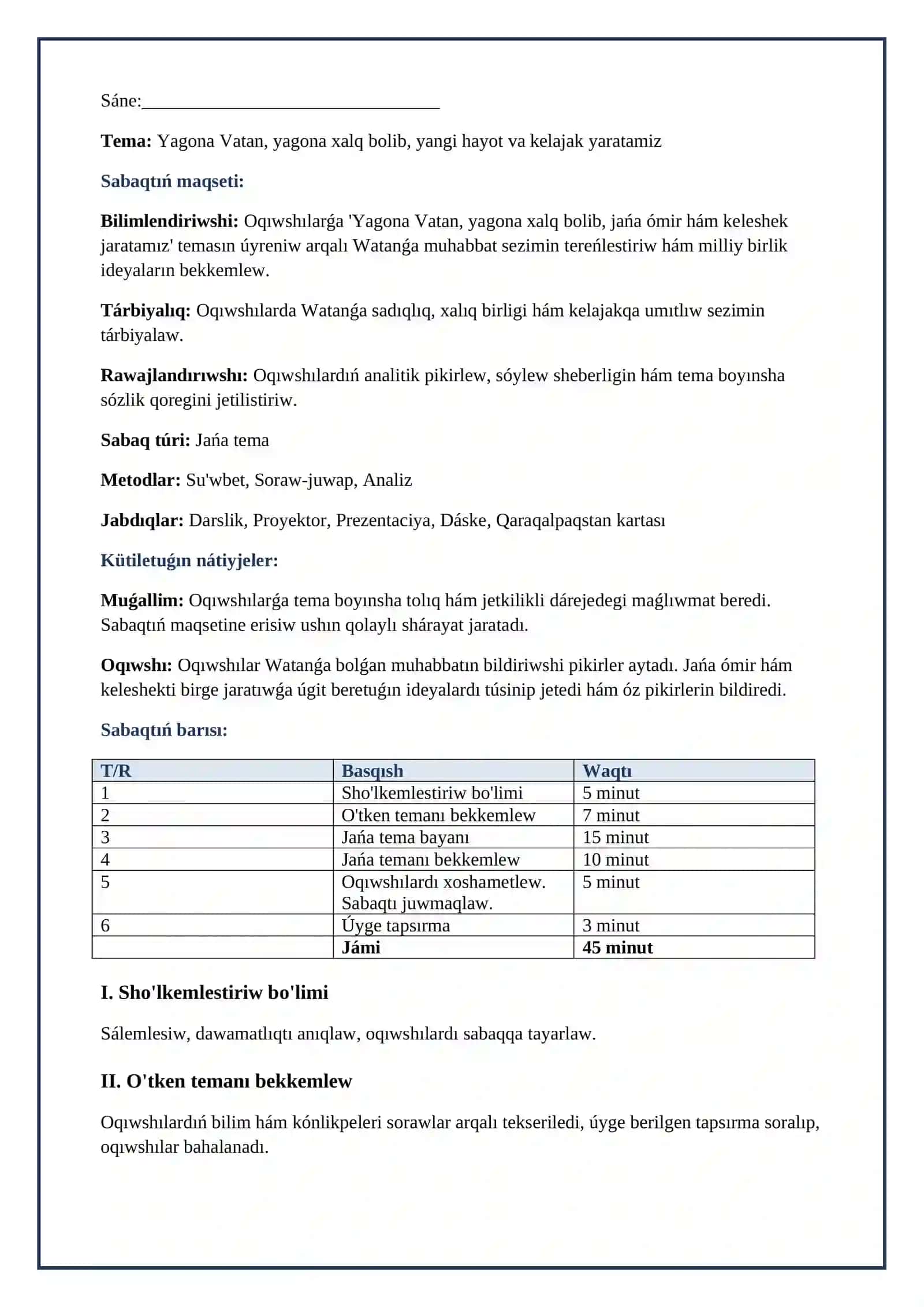 Lesson on Yagona Vatan, yagona xalq bolib, yangi hayot va kelajak yaratamiz 2