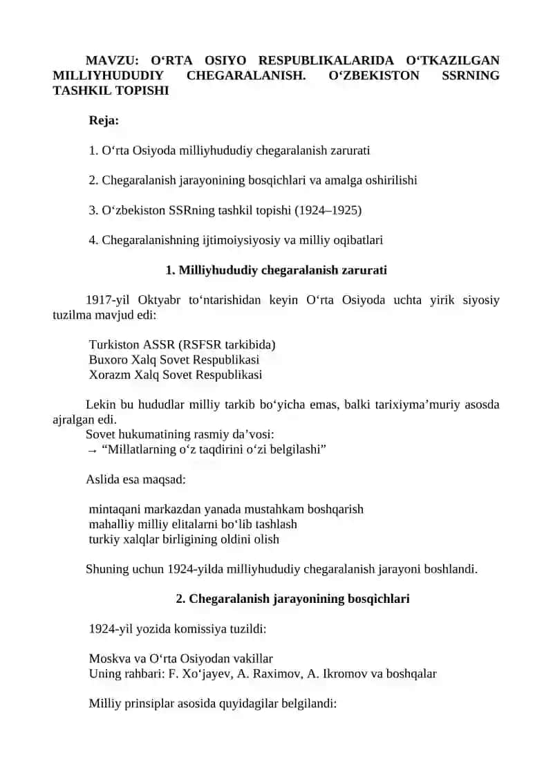 O‘rta Osiyo Respublikalarida O‘tkazilgan Milliyhududiy Chegaralanish. O‘zbekiston SSRning Tashkil Topishi 2
