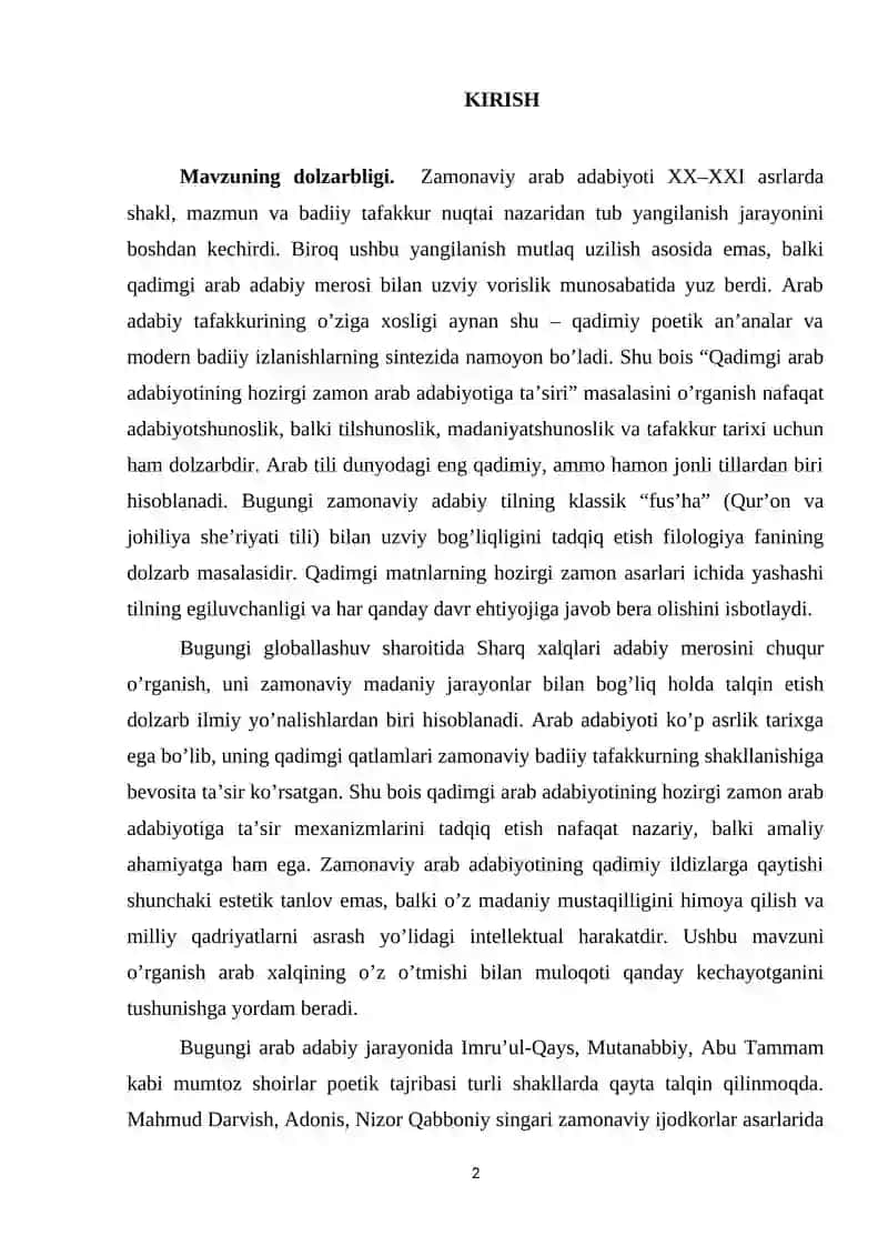 DIPLOM ISHI Qadimgi arab adabiyotining hozirgi zamon arab adabiyotiga ta’siri 2