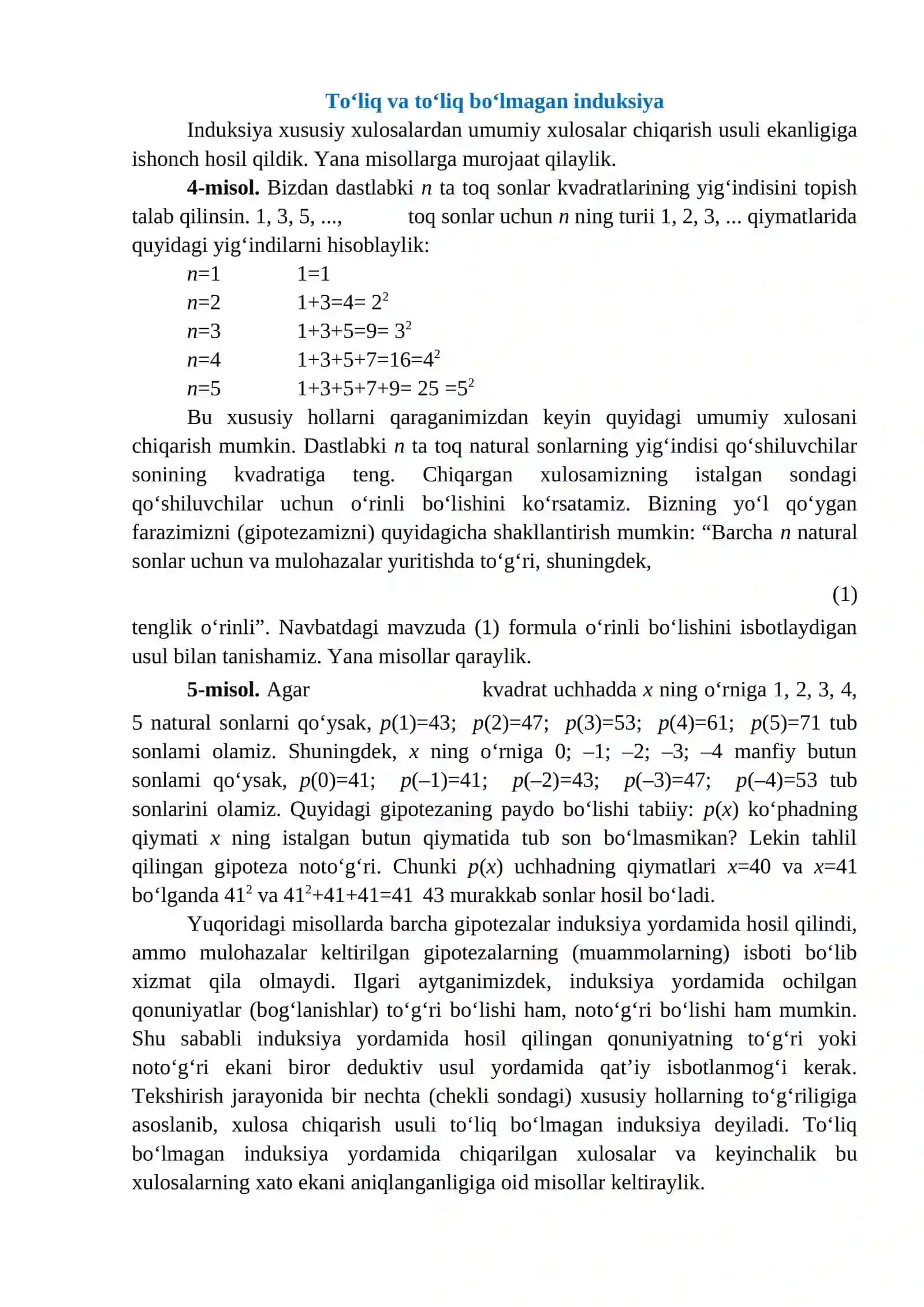 MATEMATIK INDUKSIYA USULI VA ULAR YORDAMIDA MISOLLAR YECHISH 2