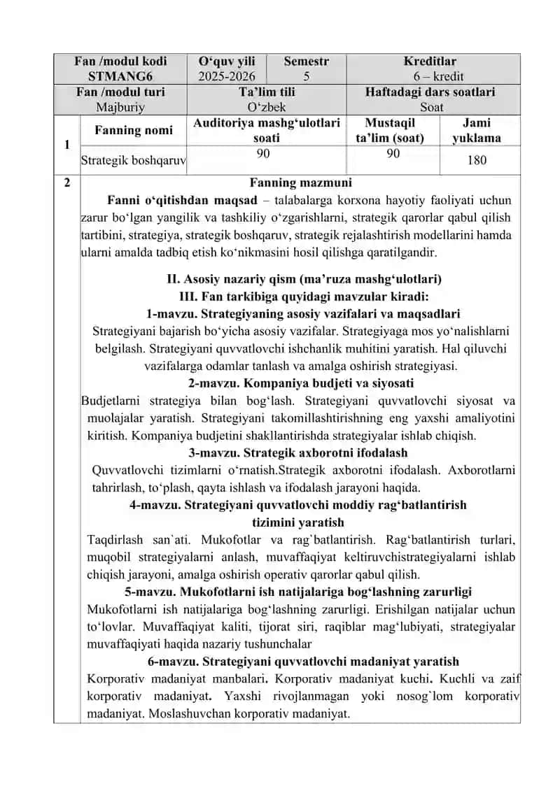 strategik boshqaruv fanidan Fan dasturi 2