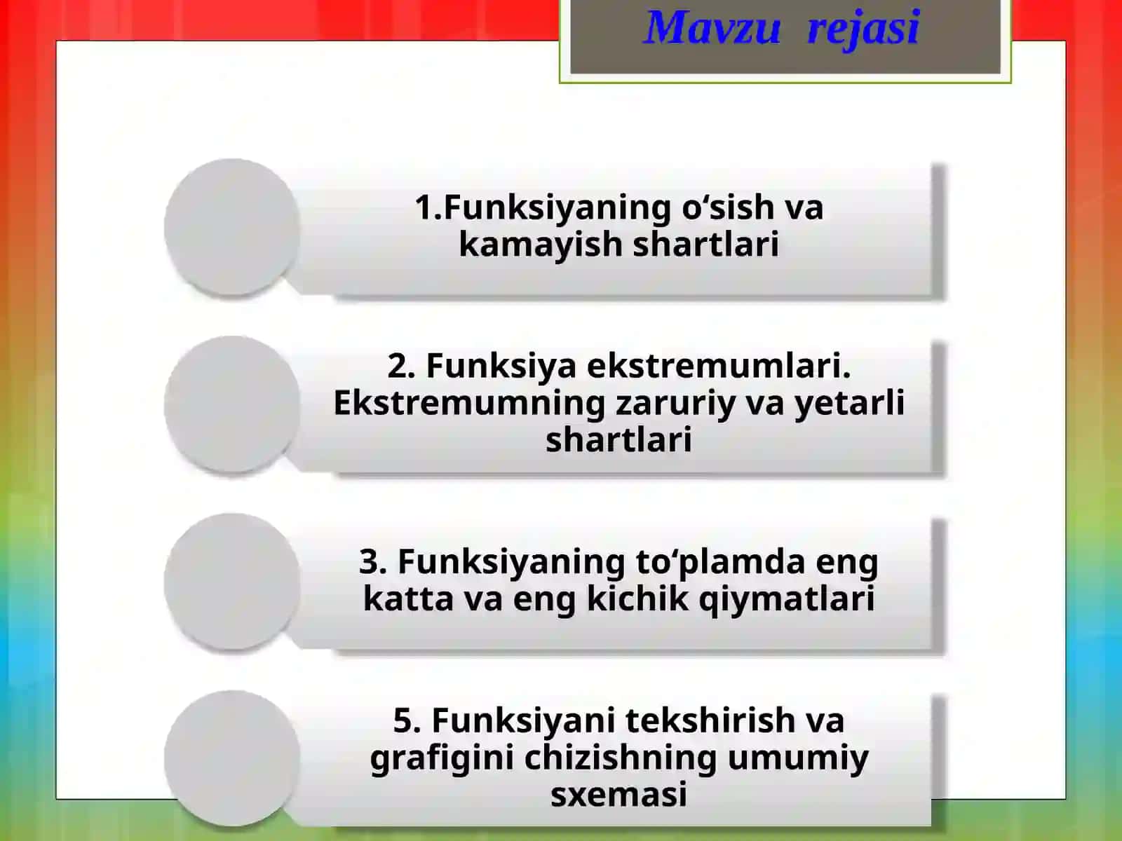 Funksiyaning o'sish va kamayish shartlari 2
