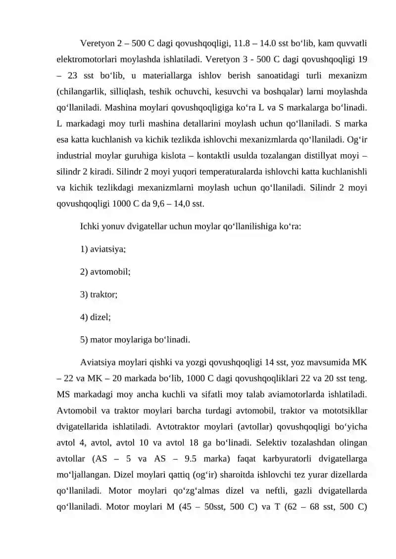 Neft moylari turlari va ularning ishlatilish sohalari 2