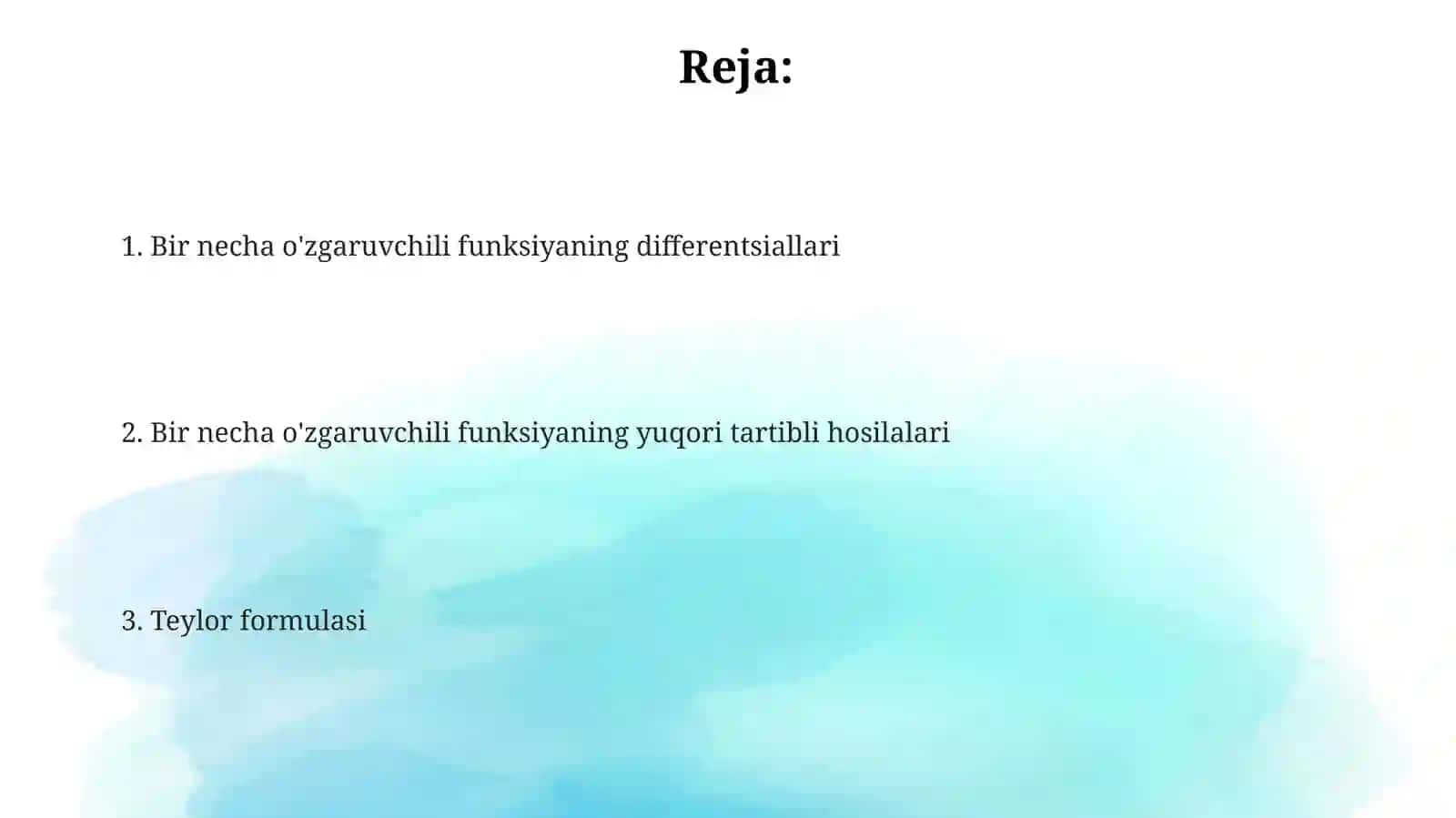 Kòp òzgaruvchili funksiyaning yuqori tartibli hosila va differensiali.Teylor formulasi 2