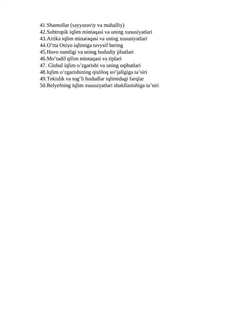 IQLIMSHUNOSLIK VA GIDROLOGIYA FANI BO’YICHA NAZORAT SAVOLLARI 2