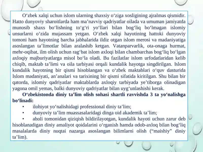 O'zbekiston yoshlarining diniy manbalardagi axloqiy tarbiyaga oid g'oyalarni o'rganishning ahamiyati 2