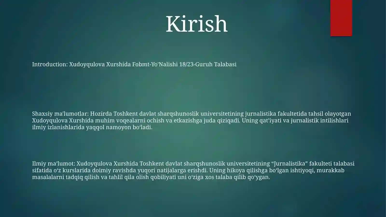 Xudoyqulova Xurshida Fobmt-Yo'Nalishi 18/23-Guruh Talabasi 2